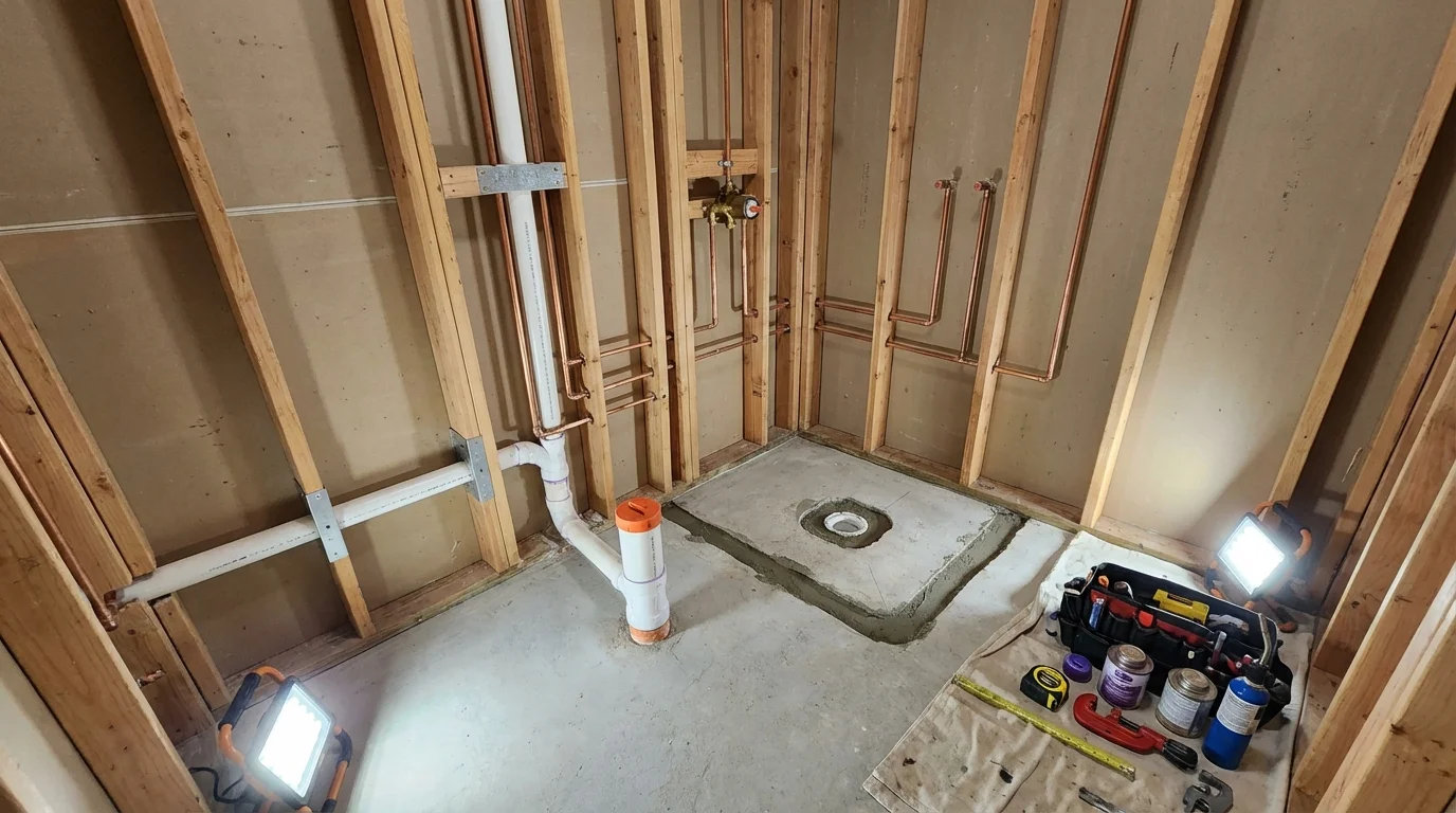 Bathroom rough-in plumbing during remodel by Johns Plumbing LLC in Frewsburg