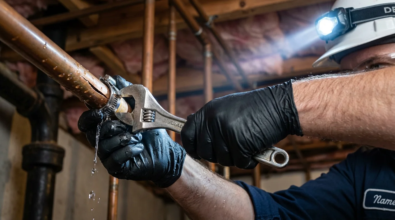 Emergency pipe clamp repair being performed by a Johns Plumbing LLC plumber in Frewsburg
