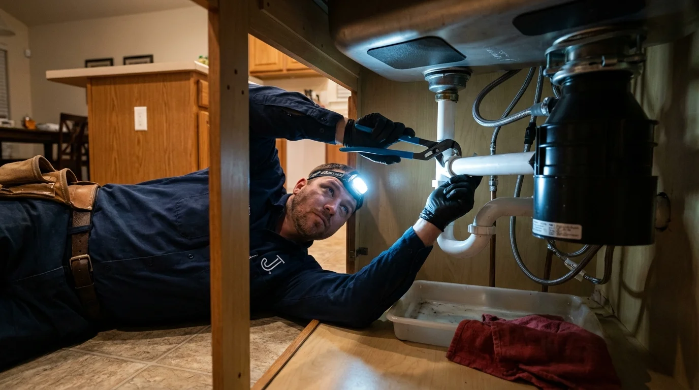 P-trap and supply line connections under a kitchen sink showing a common leak point in Frewsburg, NY